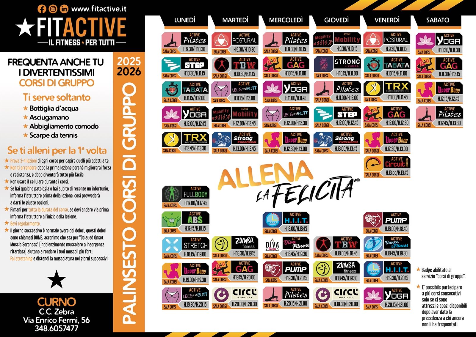 Palinsesto orari corsi FitActive Scopri il palinsesto dei nostri corsi